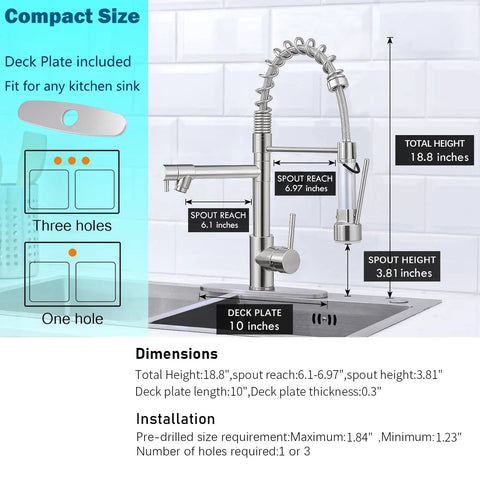 Matte Black Kitchen Faucet With Pull Down Sprayer, Single Handle, 1 Or 3 Hole Mount, Deck Plate Included, High Arc Spout diagram