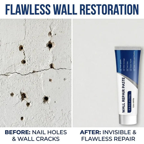 DIY Friendly Drywall Repair Kit With Scraper And Spackle For Quick Wall Patch Mending Three Tubes Of Wall Mending Agent Nozzle Extenders And Sandpaper For Filling Holes And Cracks The Fast Drying Solution For Home Walls showing before and after wall restoration