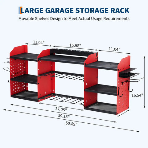 Heavy Duty Wall Mount Power Tool Organizer With 3 Layer Garage Rack, 8 Outlets, 8 Drill Storage Slots, Hooks, Charging Station