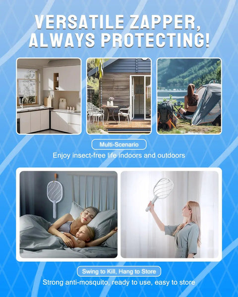 Scenarios showing the 3800V Handheld Bug Zapper Racket With Type-C Rechargeable Battery used indoors and outdoors.