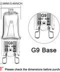 G9 Halogen Bulb 40 Watt 120 Volt Dimmable T4 Bi Pin Base with dimensions and close-up of pins