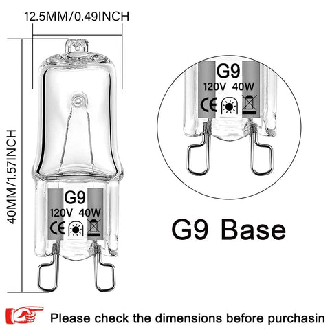 G9 Halogen Bulb 40 Watt 120 Volt Dimmable T4 Bi Pin Base with dimensions and close-up of pins