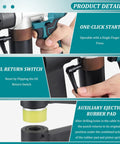Close-up of cordless electric hydraulic hole punch for metal sheets showing grip and controls for one-click start and oil return switch.