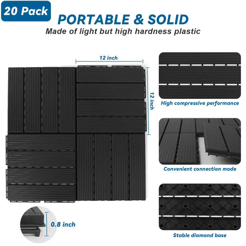Interlocking Plastic Deck Tiles 12x12 Inches Pack of 20 All Weather Outdoor Indoor Waterproof Pavers for Pool Balcony Backyard Patio and Pathway in Charcoal Gray No Fuss Easy Install Low Maintenance