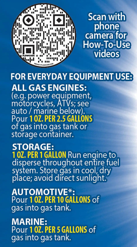 QR code and usage instructions for Fuel Stabilizer Twin Pack 24 Oz Keeps Gas Fresh Longer, Gasoline Treatment Additive That Protects Your Fuel System.