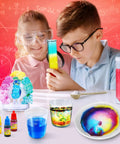Children using the Hands On Science Kit With 40 Plus Experiments For Kids, Chemistry Set, engaging in colorful experiments.