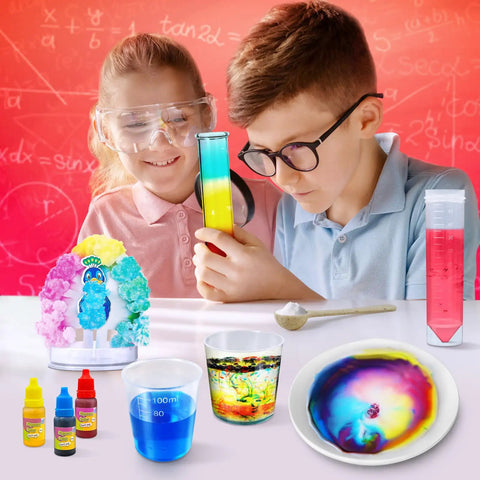 Children using the Hands On Science Kit With 40 Plus Experiments For Kids, Chemistry Set, engaging in colorful experiments.