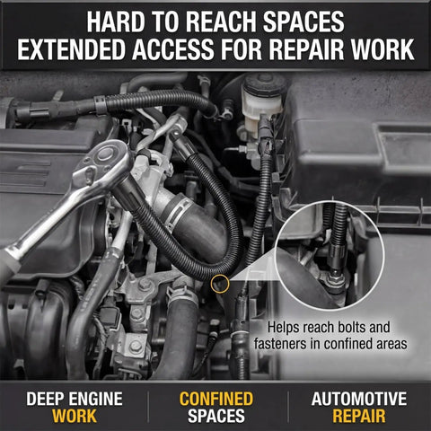 Half Inch Flexible Shaft Extension With 360 Degree Angled Rod, Torque Socket Connector installed in engine bay for repair