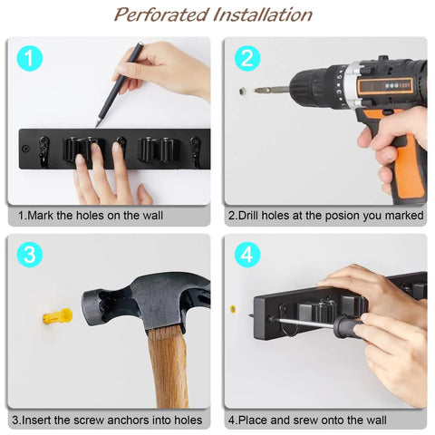 Installation steps for Wall Mount Mop And Broom Holder With Four Slots And Four Hooks For Quick Easy Gear Organization In Pantry Closet And Laundry Room Heavy Duty Black Rustic Wood Tool Organizer For Indoor Or Outdoor Use