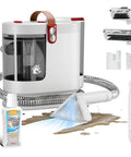Portable Upholstery And Carpet Cleaner With 15KPa Suction And 500W Motor, Three Tool Attachments, shown with cleaning fluid.