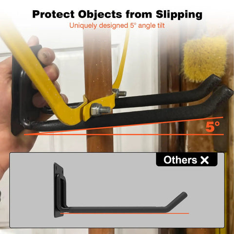 Close-up of Heavy Duty Wall Mounted Garage Storage System hook with 5-degree angle tilt, showing rust free and scratch resistant finish.