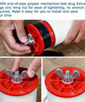 Mechanical end-of-pipe gripper plug, red and white plastic with metal wing nut, for 2 in and 1-1/2 in pipes, 2-pack