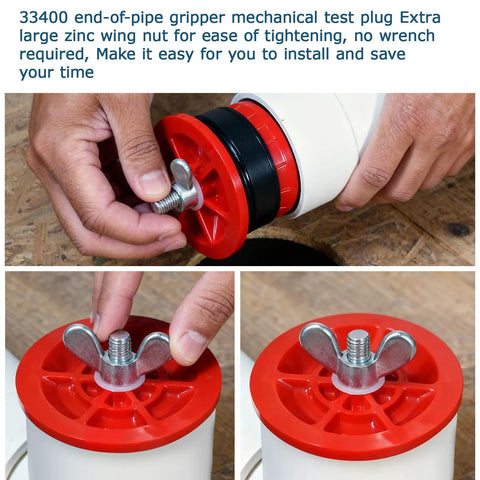 Mechanical end-of-pipe gripper plug, red and white plastic with metal wing nut, for 2 in and 1-1/2 in pipes, 2-pack
