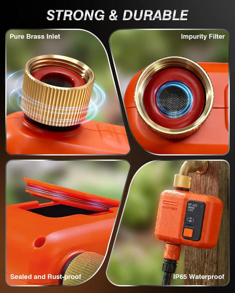 Close-up of WiFi Water Timer For Garden Hose Smart Sprinkler Controller with brass inlet, impurity filter, and IP65 waterproof housing.