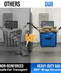 Comparison of non-reinforced bag versus Extra Large Moving Bags 4 Pack Heavy Duty Storage Totes With See Through Window And Wraparound Handles
