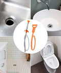 Six Pack Heavy Duty Drain Snake Set With Five Plastic And One Stainless Steel Hair Clog Remover For Toilet Kitchen Sink Bathtub And Sewer Busts Stubborn Jams Fast tools displayed around sink and toilet.