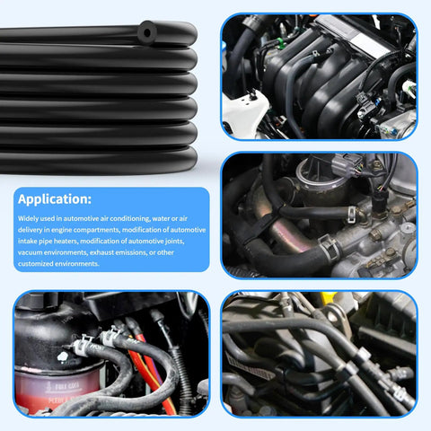 Six Piece Silicone Vacuum Hose Kit High Performance Tubing Set For Automotive And HVAC 130 PSI Max shown coiled with engine use examples.