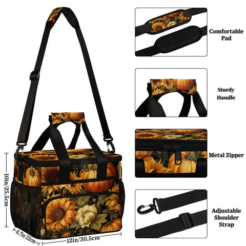 Insulated Picnic Backpack and Lunch Box Set with spacious tote pumpkin sunflower theme showing strap, handle, and zipper details