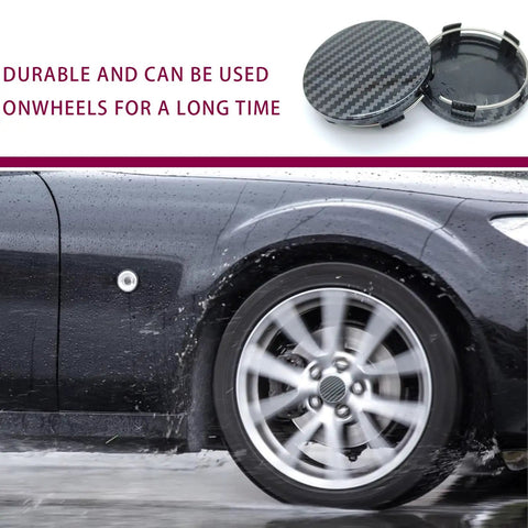 Liven Up Your Ride With These Snap In Wheel Center Caps Solid 4 Pack Abs Hub Covers Carbon Fiber Black Finish on car wheel.