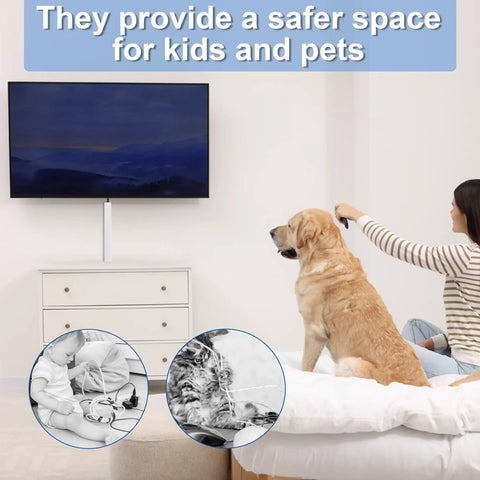 94.5 Inch Cord Hider Kit For Walls And TV Wires beside TV, dog on bed, safer space message for kids and pets visible