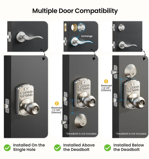Image showing installation of Keyless Entry Door Lock With Keypad And Handle, Hassle Free No Key Needed Digital Smart Knob For Front Door And Bedroom, Easy Install, Auto Lock, Passage Mode, Anti Peep Password, Satin Nickel Finish on different door configurations.