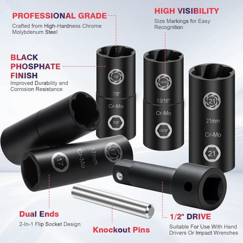 Close-up of a 2-In-1 Lug Nut Removal Tool And Impact Socket Set With 1/2 Drive, 7-piece, highlighting dual ends and sizes.