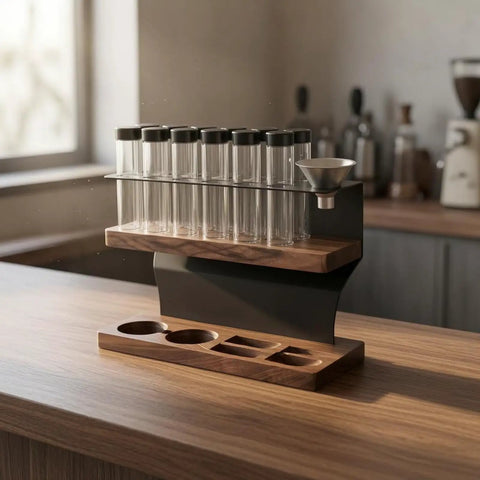Heavy Hitter Coffee Bean Storage Rack With Twelve Clear Glass Bottles And Solid Wood Base, compact kitchen storage solution.