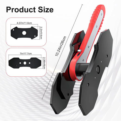 Front-right view of red brake caliper piston compressor tool with 4 hooks and 2 large steel plates