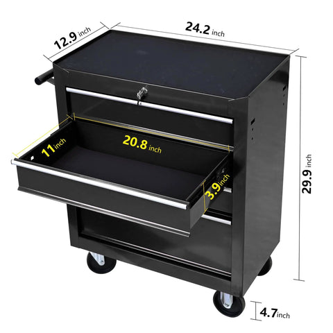 Four Drawer Tool Cart With Wheels Lockable Removable Cabinet Storage Organizer For Mechanics Garage And Workshop Durable Steel Trolley With Ball Bearing Drawers For Smooth Opening, front view with open drawer and measurements.