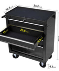 Heavy Duty Rolling Tool Chest With Four Top Shelf Drawers And Secure Locking Mechanism Rock Tough Steel Shop Organizer For Garage Crew Pro Grade Mechanics Storage Black, showing measurements and one open drawer.