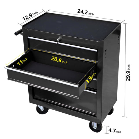 Heavy Duty Rolling Tool Chest With Four Top Shelf Drawers And Secure Locking Mechanism Rock Tough Steel Shop Organizer For Garage Crew Pro Grade Mechanics Storage Black, showing measurements and one open drawer.