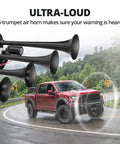 Heavy Duty 12V Train Horn Kit With Direct Wire Parallel 4 Trumpet Design Including 3L Air Tank And 120 Psi Compressor on red truck in action.