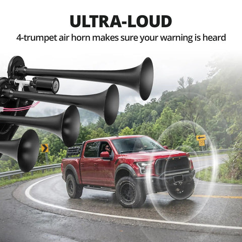 Heavy Duty 12V Train Horn Kit With Direct Wire Parallel 4 Trumpet Design Including 3L Air Tank And 120 Psi Compressor on red truck in action.