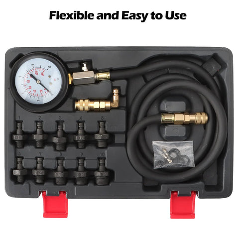universal oil pressure tester kit in case with gauge, hoses, adapters