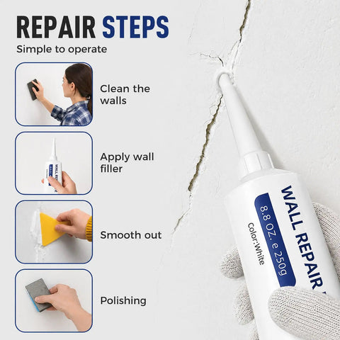 Wall Repair Paste Kit With Scraper And Nozzle Extender, Two 250g Tubes Quick Dry Mending Paste For Holes And Cracks steps diagram