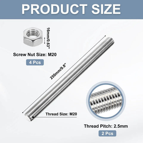 Fully Threaded Rod M20 x 250mm With 2.5mm Thread Pitch In 304 Stainless Steel, product size details with M20 nut
