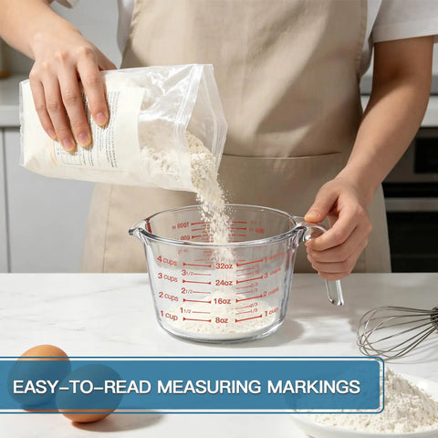 Person pouring flour into Must Have Glass Measuring Cups Set With Lids, 4 Piece Borosilicate Kitchen Measuring Cups in 4 Cup Size