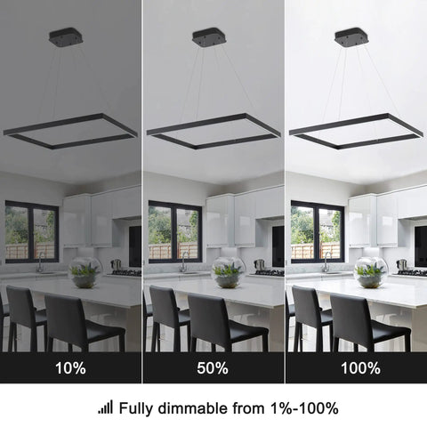 Sleek Black Square Chandelier with Up and Down Lights above Dining Table, showing dimmable settings from 10% to 100% in kitchen.