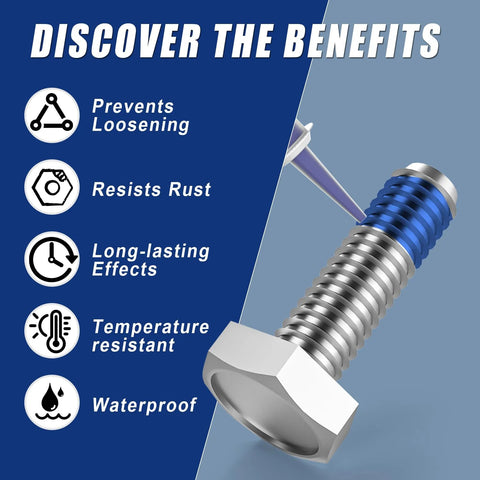 Heavy duty thread locker kit benefits: prevents loosening, resists rust, long-lasting, temperature resistant, waterproof.