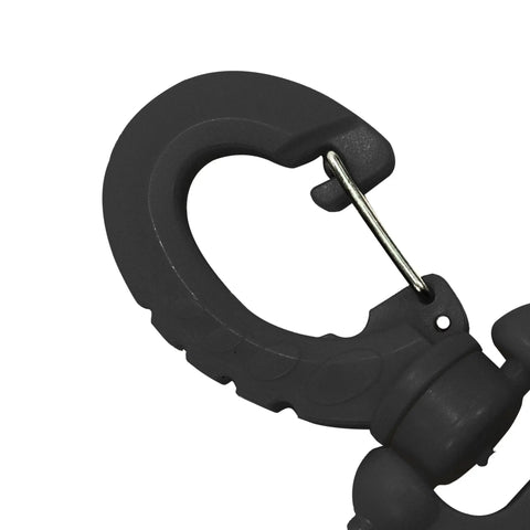 Close-up of Double Hose Clip For Scuba Gear With Easy Snap On mechanism, black lightweight durable dive accessory for smooth setup.
