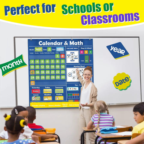 Teacher with Pocket Chart Classroom Calendar Set For Circle Time And Math Center, preschool children seated, classroom setting.