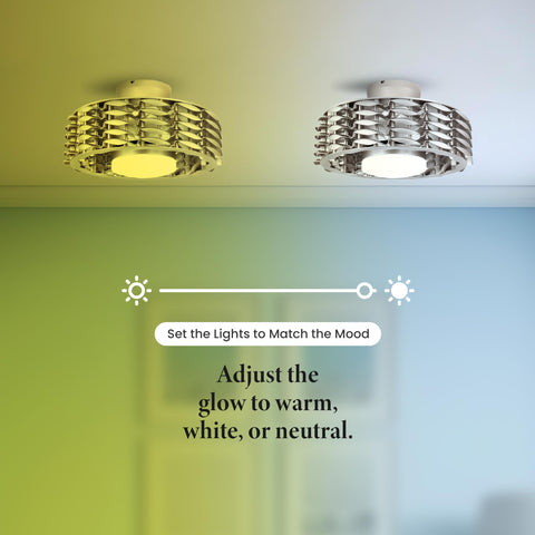 Bladeless Ceiling Fan With Lights And Remote, Oceano 23 Inch Low Profile Modern Ceiling Fan with dimmable LED lighting shown lit.