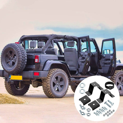 Ride Ready High Lift Jack Mount Kit With Two Heavy Duty Farm Jack Brackets And Protective Cover Caps Plus Secure Hook Loop Strap Straight Bolt On Setup For Off Road Trucks And Rigs for Jeep in sandy terrain.