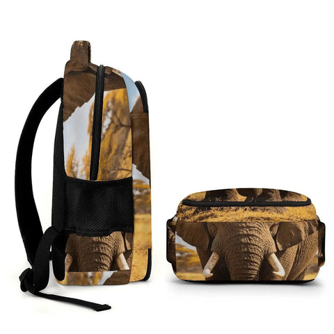 Unisex Elephant Print Backpack With Wilderness Design, large capacity daypack with elephant face close-up and pouch, side view