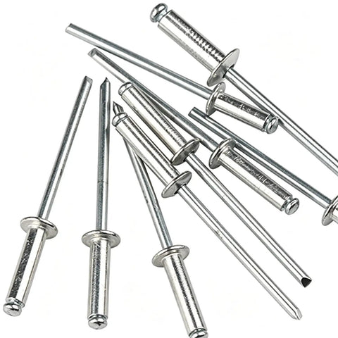 Top Drawer One Hundred Pack Stainless Steel Blind Rivets With Sure Grip Dome Head Profile For Sheet Metal Jobs And Quick Repairs Heavy Duty Outdoor Fasteners That Drop In Quick And Stay Locked Through Bad Weather shown in a pile with varied sizes.