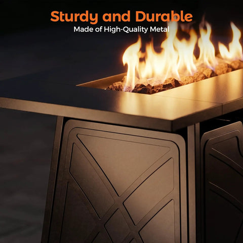 Close-up of Propane Fire Pit Table For Outdoor Living 42 Inch Large Black Fire Pit Table With Ample Surface For Drinks And Snacks