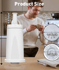 Top Notch 6 Pack Water Filter Replacement For Breville Espresso Machine shown beside a man enjoying coffee, highlighting sizes.