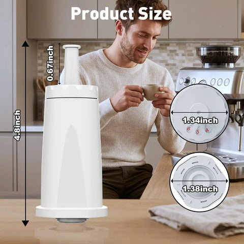 Top Notch 6 Pack Water Filter Replacement For Breville Espresso Machine shown beside a man enjoying coffee, highlighting sizes.