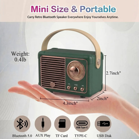 Mini Retro Bluetooth Speaker Portable Wireless Speaker For Home Office Party Outdoor Use Vintage Decor Style Cute Old Fashion Look For iPhone Android Green shown on a hand with size and feature icons.