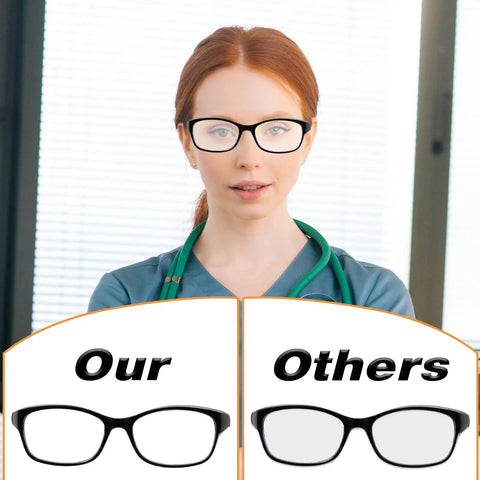 Woman wearing 3 Pack Lightweight Lab Safety Goggles For Men And Women Anti Fog Anti Dust Protective Eyewear With Side Shields Clear Lenses Blue Square